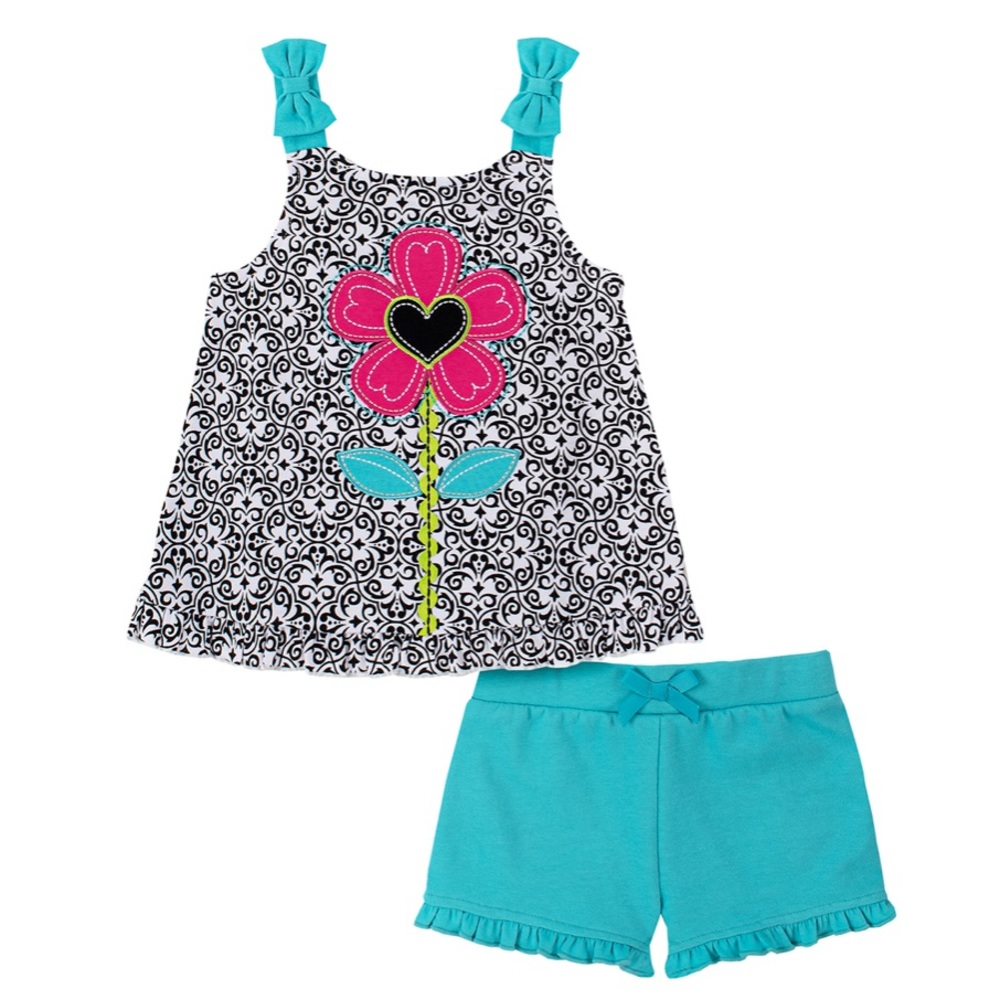 Girl’s Pink Teal Flower Sleeveless Shorts Set 6